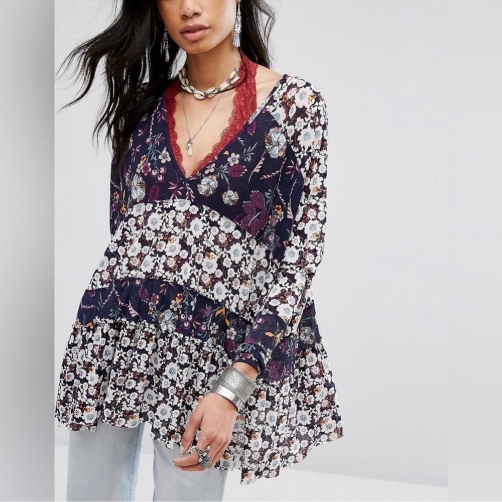 Free People Floral Blouse - Navy and White